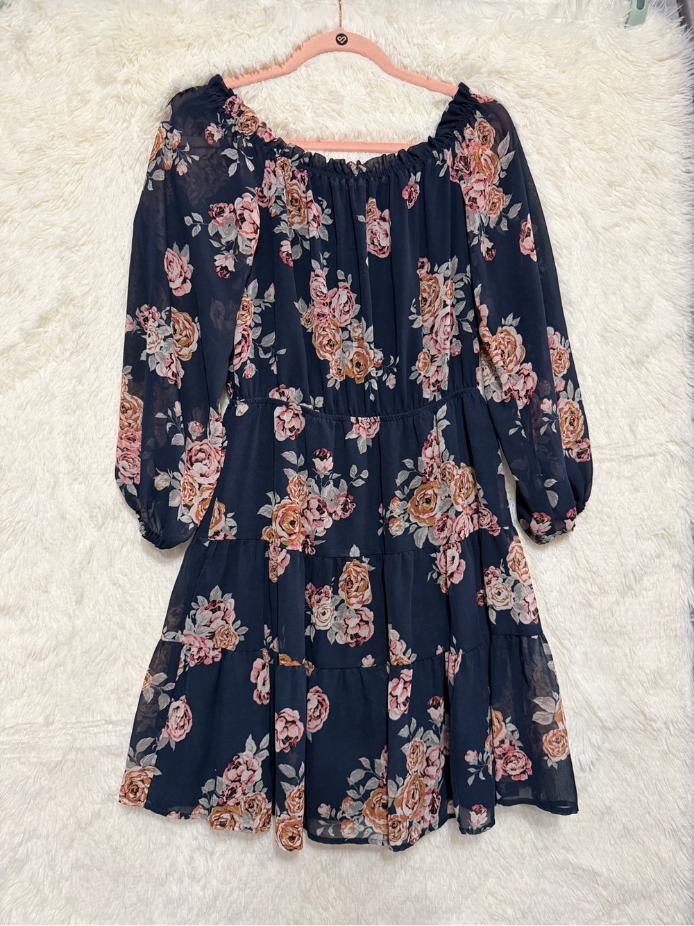 Le Chateau Womens Cottagecore Floral Tiered Off The Shoulder Mini Dress S Blue